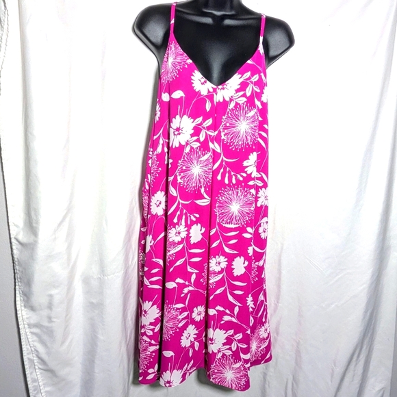 NWT Vince Camuto Fuchsia Pink Hawaiian Floral Print Sun Dress, Midi, Summer Sz L - Picture 1 of 9